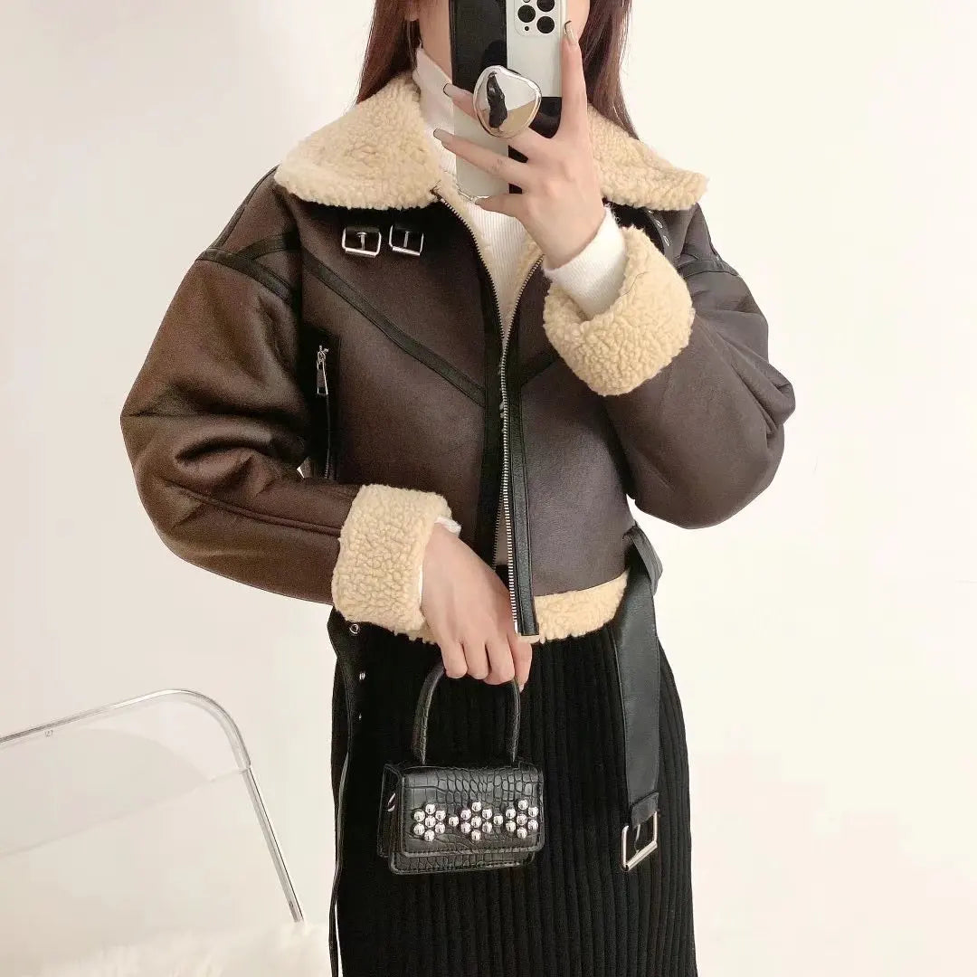 Women's Wool Collared Leather Jacket