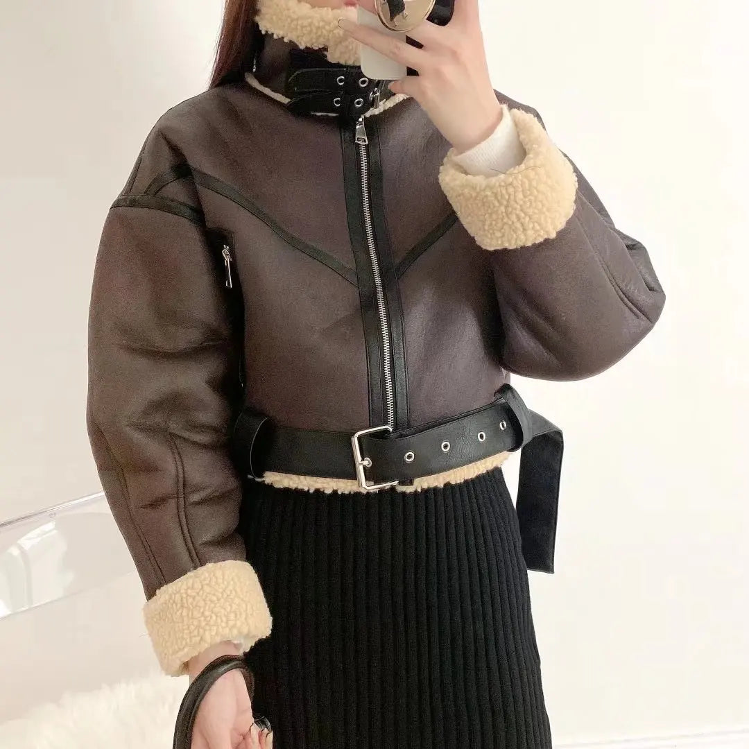 Women's Wool Collared Leather Jacket