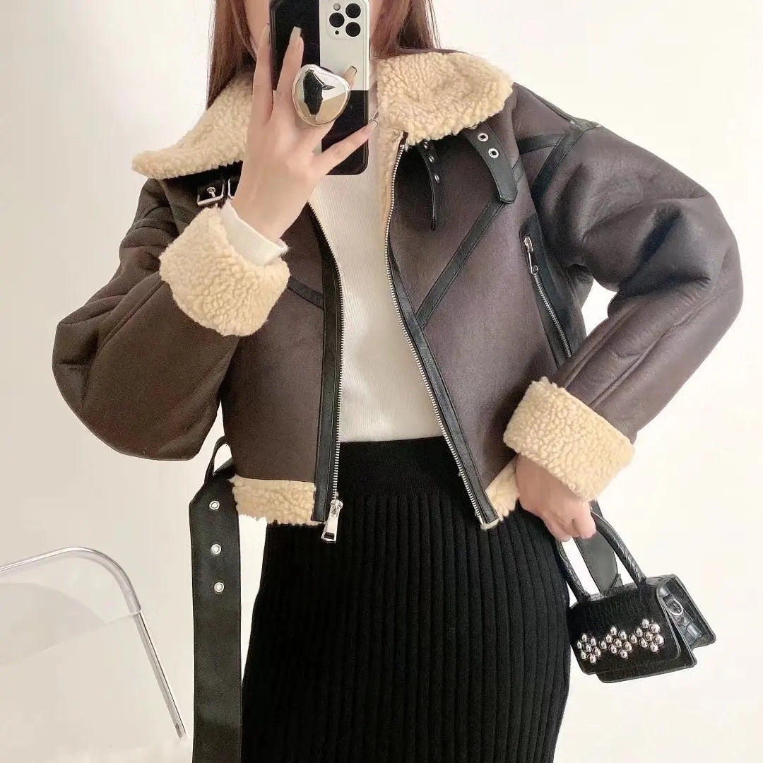 Women's Wool Collared Leather Jacket