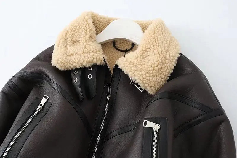 Women's Wool Collared Leather Jacket