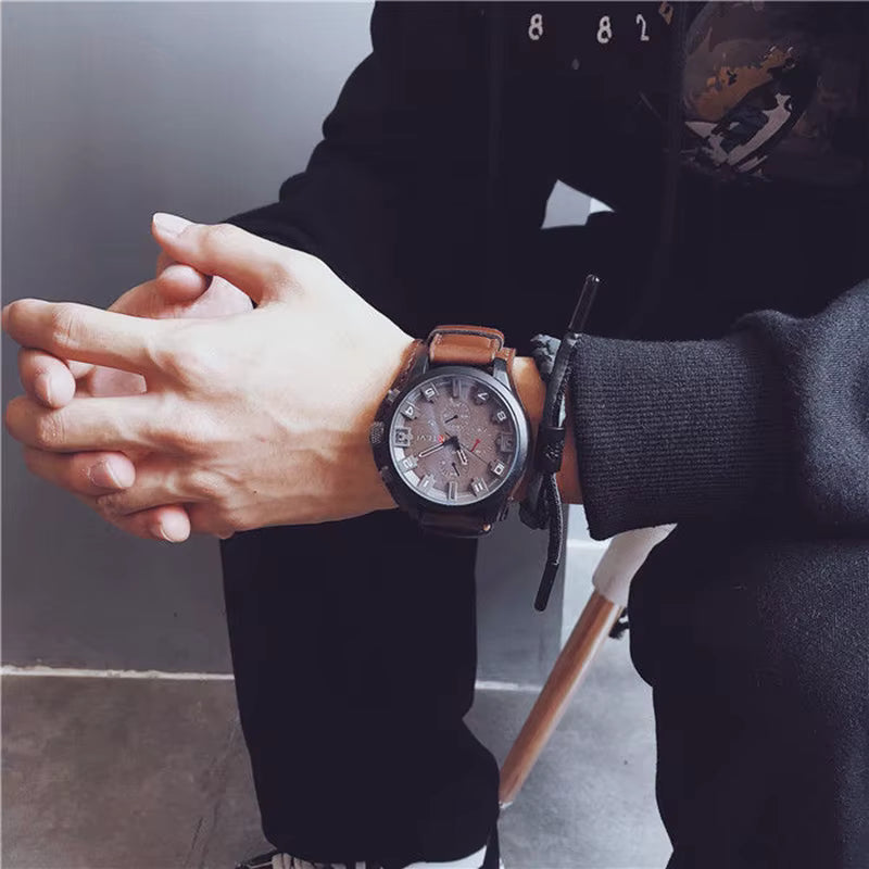 Men's Bulky Leather Strap Wrist Watch
