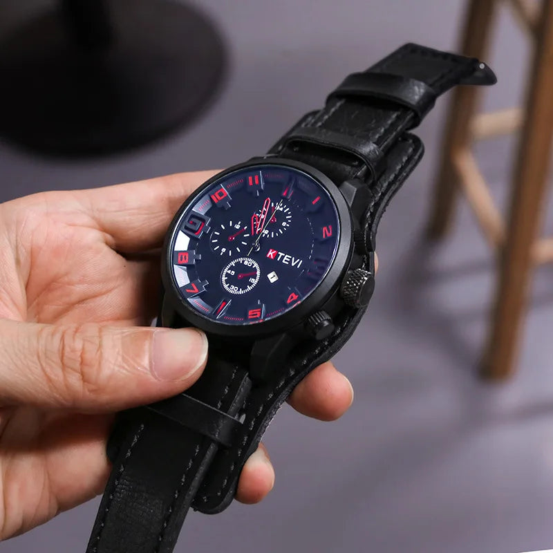 Men's Bulky Leather Strap Wrist Watch