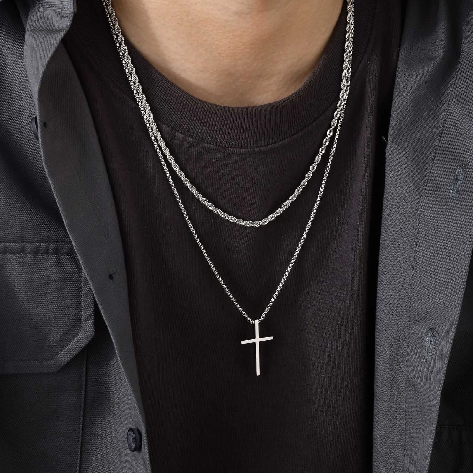 Men's Christian Cross Mulitilayered Lariat Necklace
