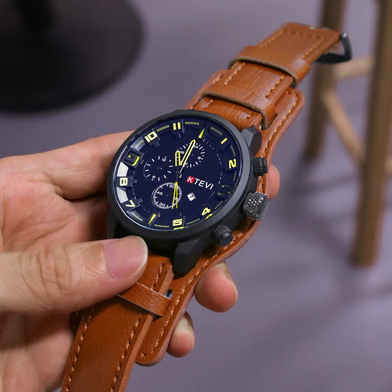 Men's Bulky Leather Strap Wrist Watch