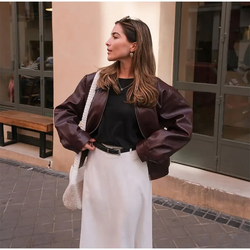 Women's Vintage Leather Jacket Loose Fit