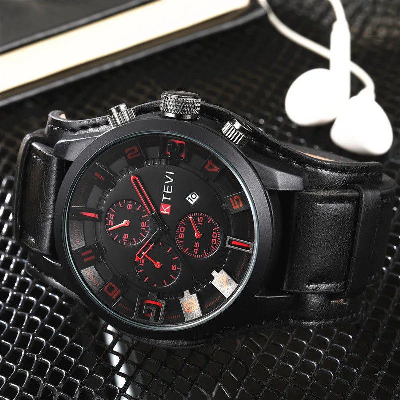 Men's Bulky Leather Strap Wrist Watch