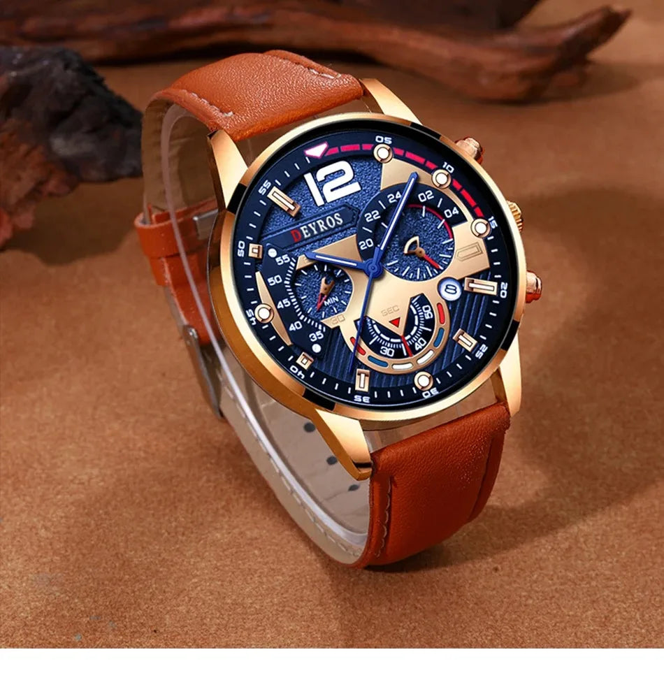 Men's Brown Leather Strap Wrist Watch