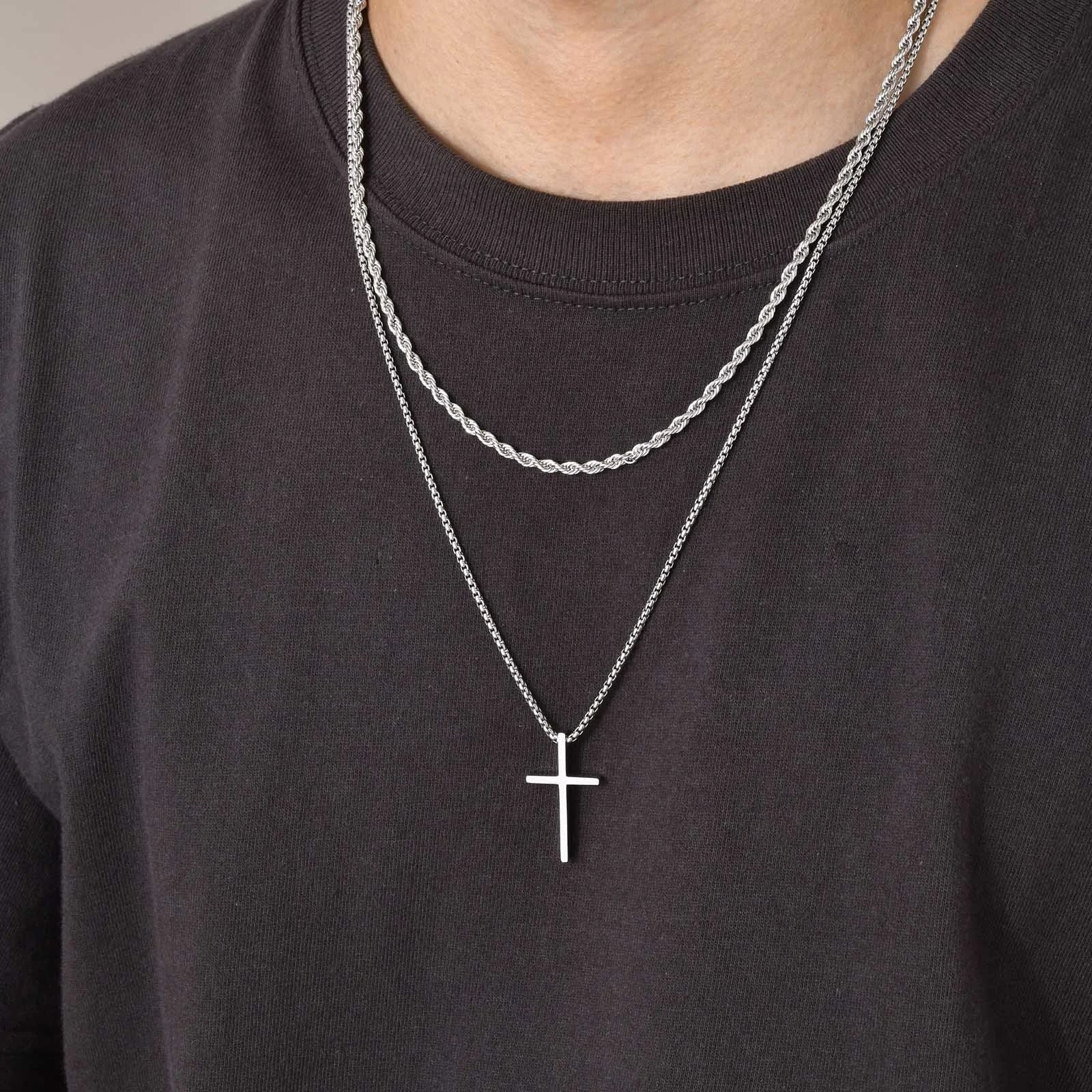 Men's Christian Cross Mulitilayered Lariat Necklace