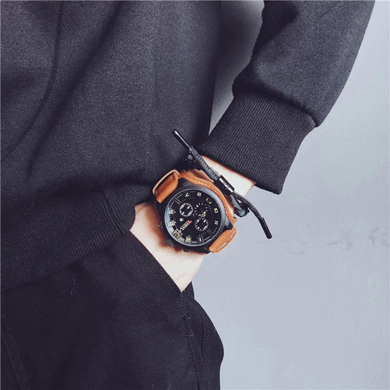 Men's Bulky Leather Strap Wrist Watch