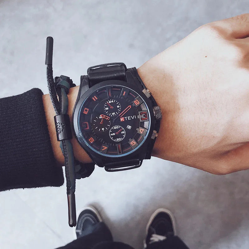Men's Bulky Leather Strap Wrist Watch