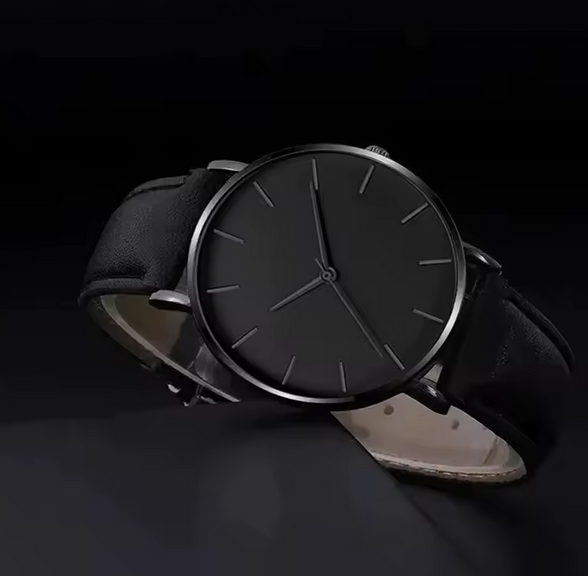 Men's Night Black Leather Strap Wrsit Watch