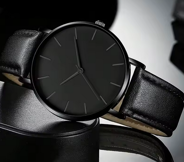 Men's Night Black Leather Strap Wrsit Watch