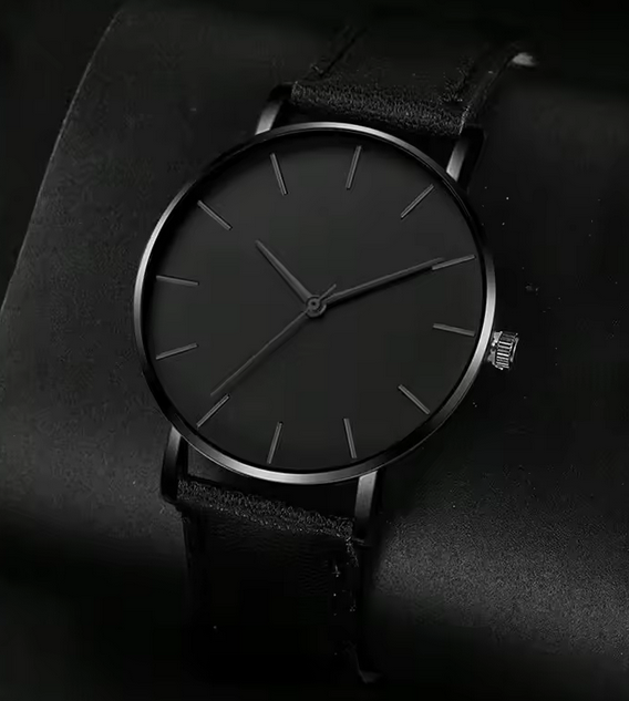 Men's Night Black Leather Strap Wrsit Watch