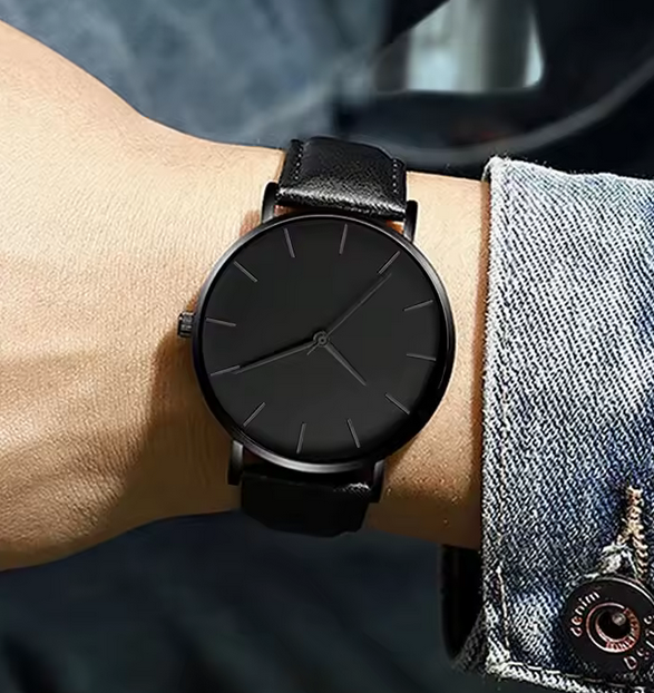 Men's Night Black Leather Strap Wrsit Watch