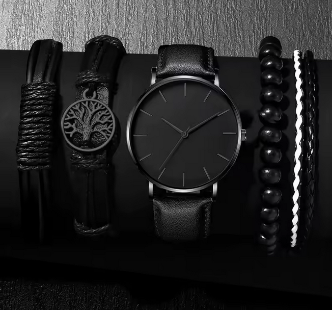 Men's Night Black Leather Strap Wrsit Watch