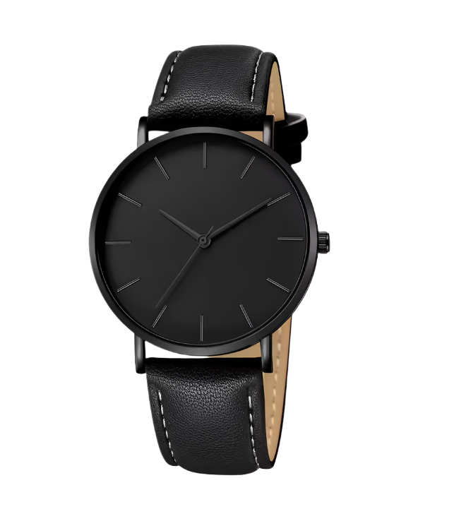 Men's Night Black Leather Strap Wrsit Watch