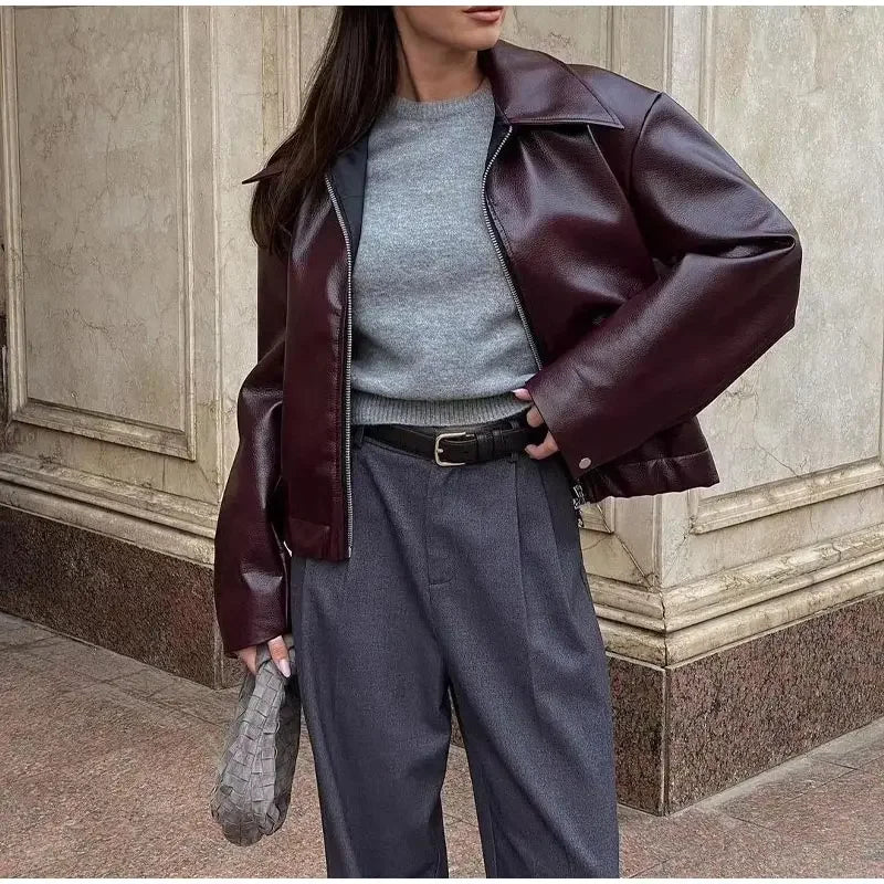 Women's Vintage Leather Jacket Loose Fit